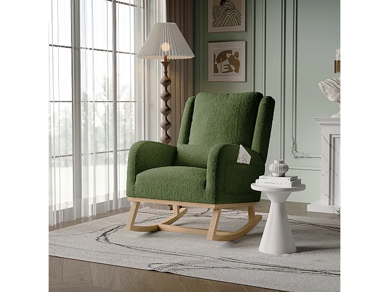 Fauteuil à Bascule, Rocking Chair, Chaise à bascule moderne en tissu teddy avec siège rembourré de mousse et cadre en bois