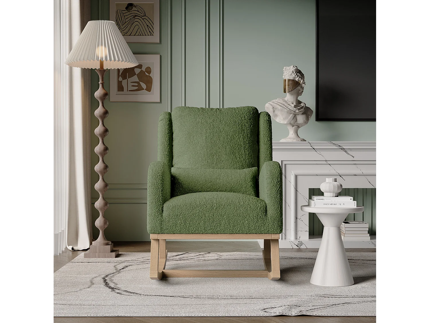 Mecedora moderna en tela de peluche con asiento acolchado de espuma y estructura de madera