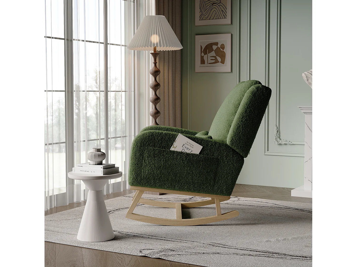 Mecedora moderna en tela de peluche con asiento acolchado de espuma y estructura de madera