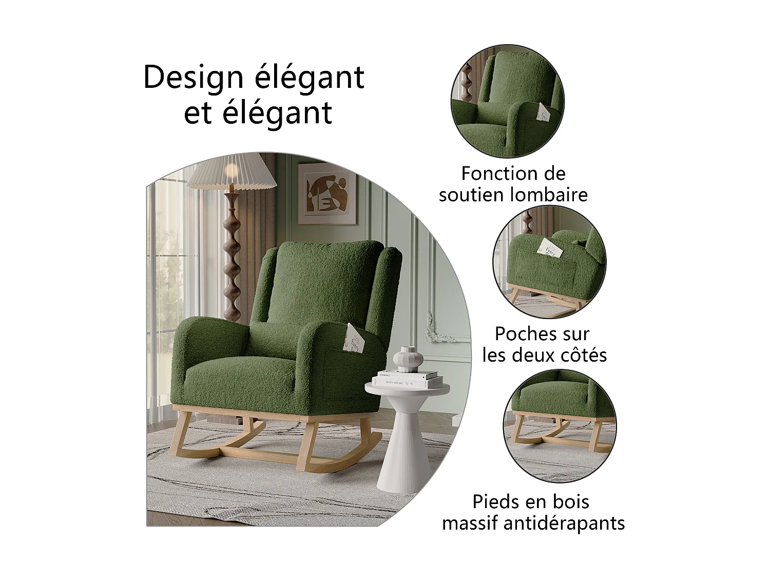 Mecedora moderna en tela de peluche con asiento acolchado de espuma y estructura de madera