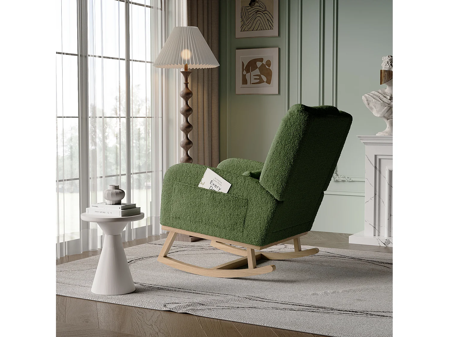 Mecedora moderna en tela de peluche con asiento acolchado de espuma y estructura de madera