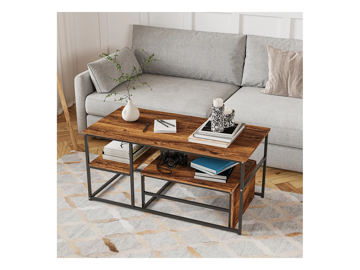 Table Basse Rectangulaire,Lot de 2 Tables Basses Gigognes,Table Basse Effet Marbre,Facile à Assembler,Utilisation Multifonctionnelle, Noir + Couleur bois