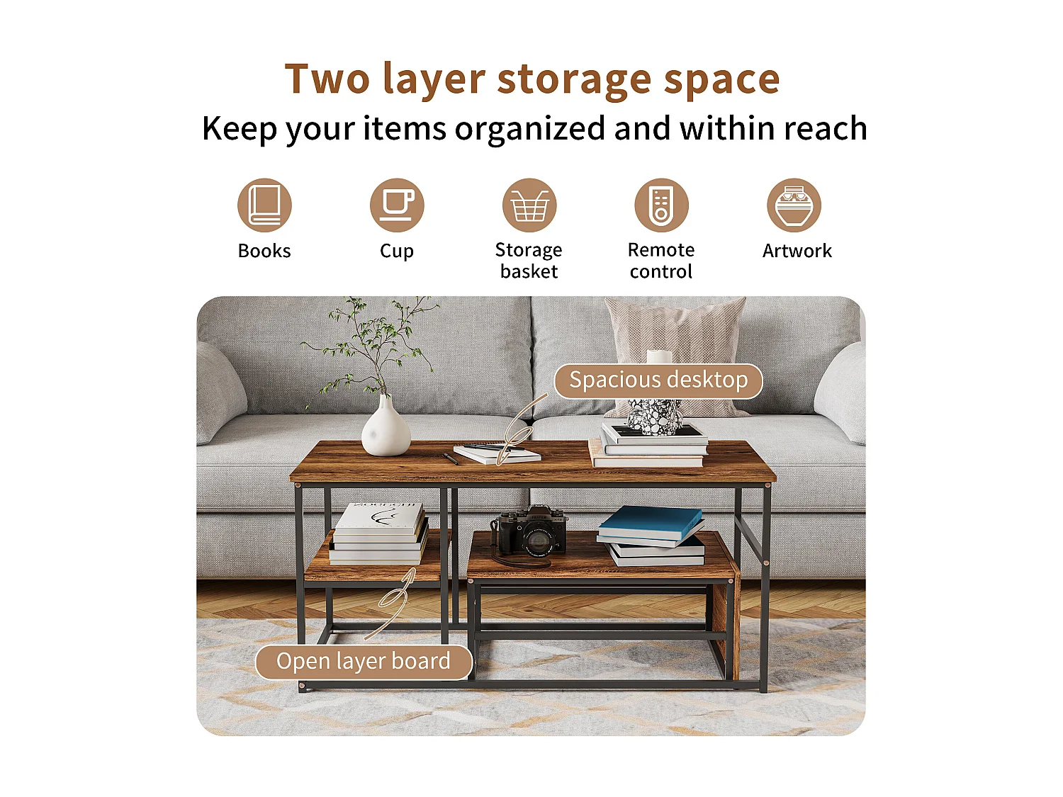 Lot de 2 Tables Basses Gigognes - Rectangulaire - Effet Marbre - Facile à Assembler - Utilisation Multifonctionnelle - Noir + Couleur bois