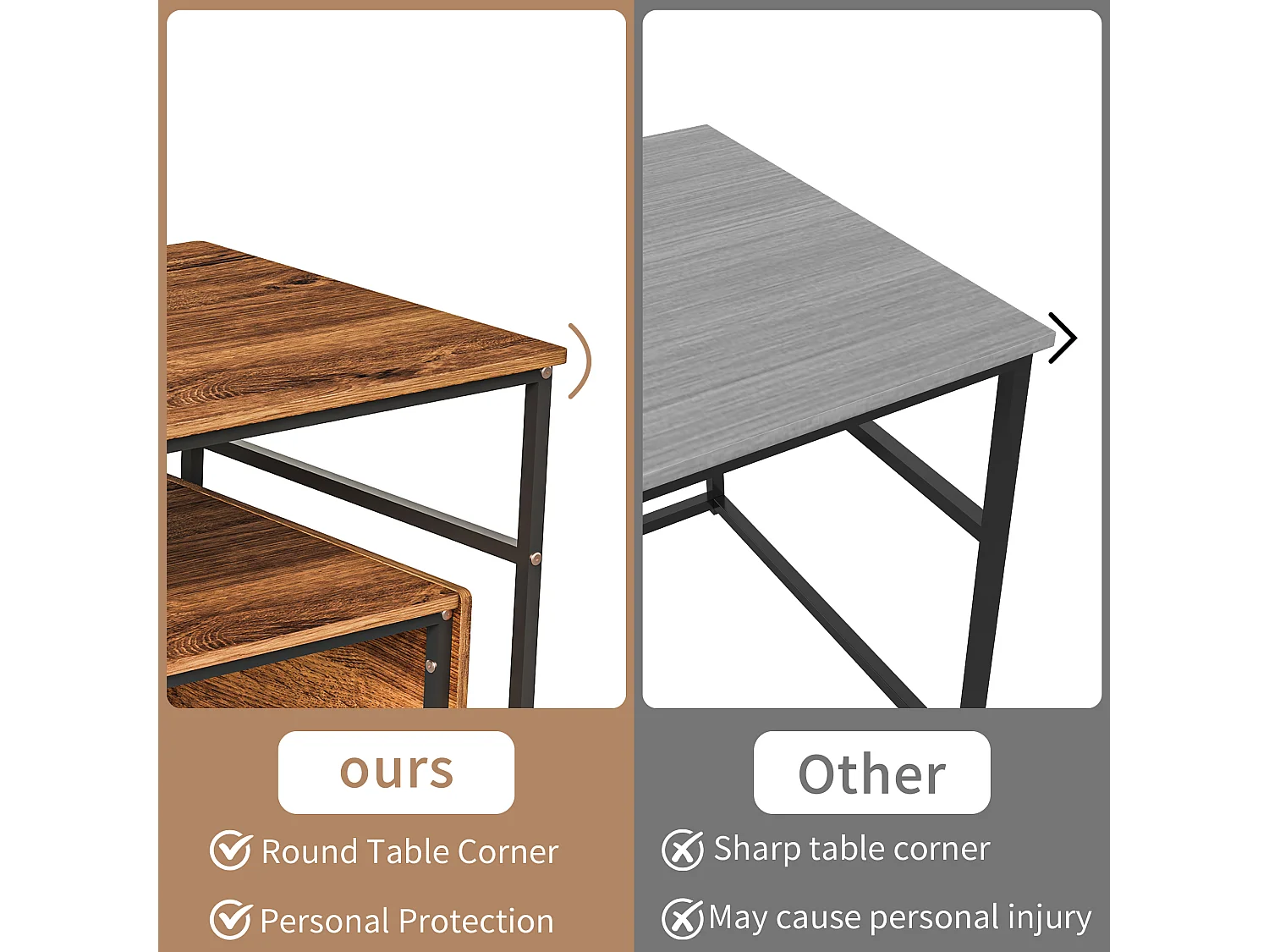 Lot de 2 Tables Basses Gigognes - Rectangulaire - Effet Marbre - Facile à Assembler - Utilisation Multifonctionnelle - Noir + Couleur bois