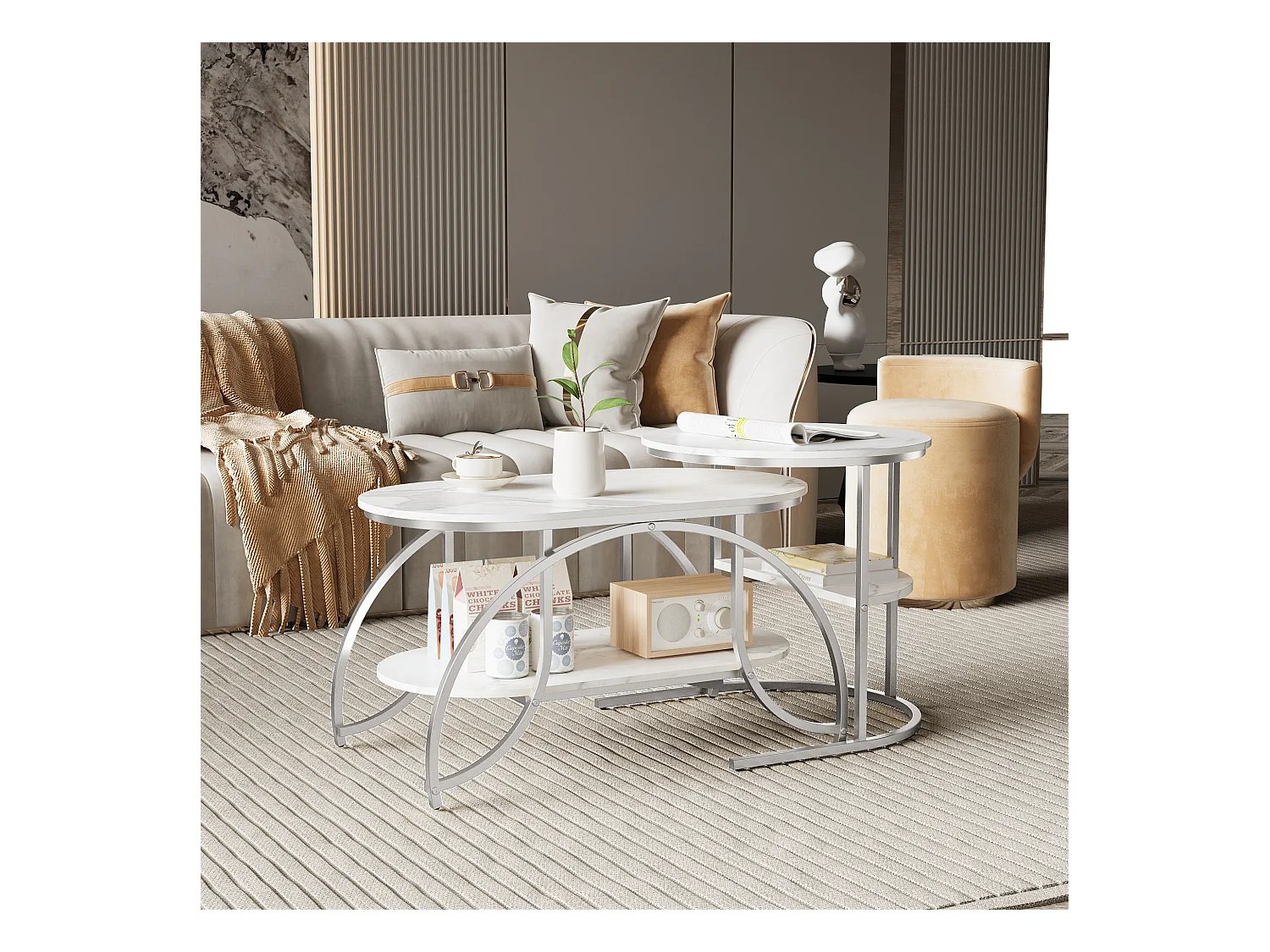 Lot de 2 Tables Basses Gigognes,Table Basse Effet Marbre,Conception Minimaliste de Support en Métal Géométrique,Facile à Assembler, Blanc