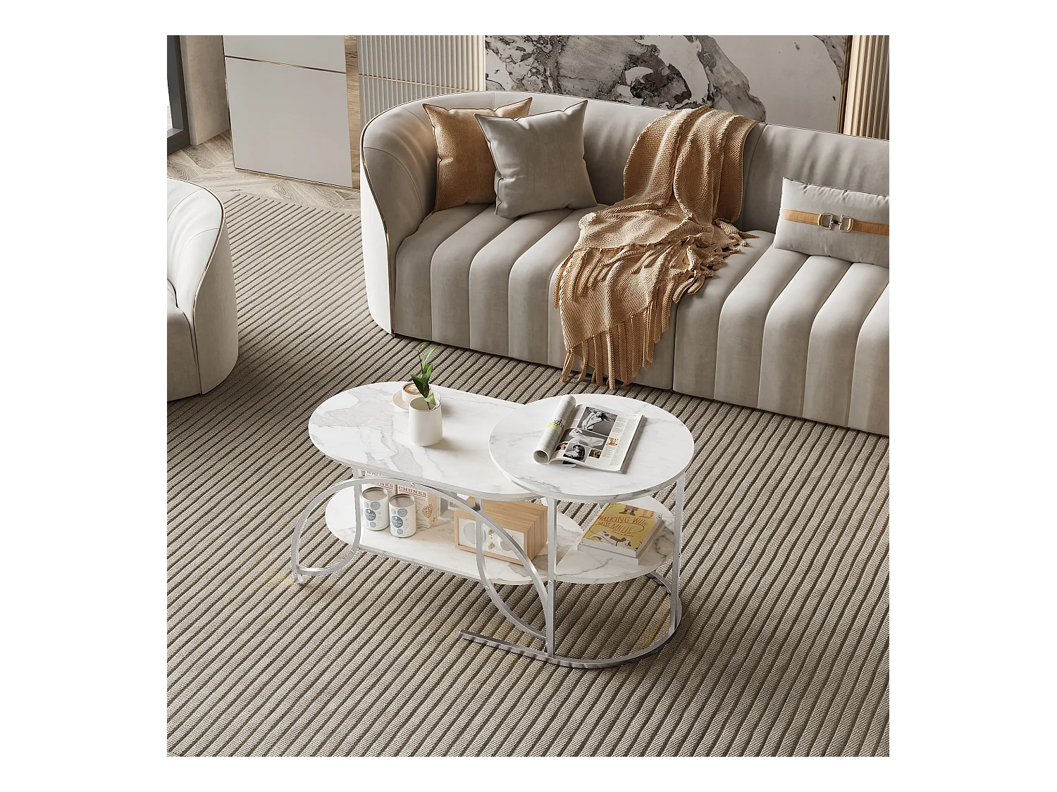 Lot de 2 Tables Basses Gigognes,Table Basse Effet Marbre,Conception Minimaliste de Support en Métal Géométrique,Facile à Assembler, Blanc