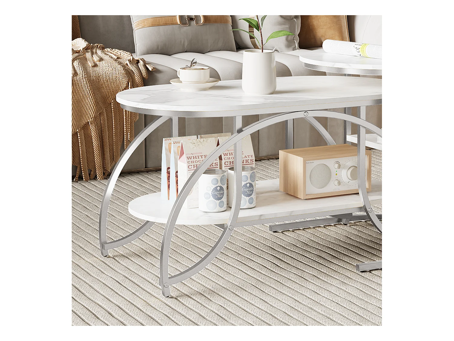 Lot de 2 Tables Basses Gigognes,Table Basse Effet Marbre,Conception Minimaliste de Support en Métal Géométrique,Facile à Assembler, Blanc