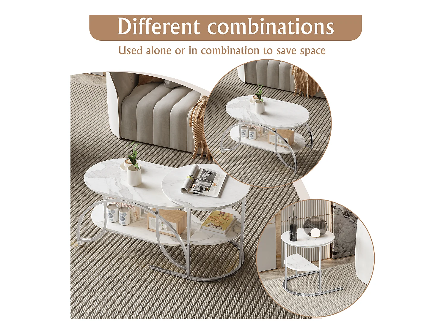 Lot de 2 Tables Basses Gigognes,Table Basse Effet Marbre,Conception Minimaliste de Support en Métal Géométrique,Facile à Assembler, Blanc