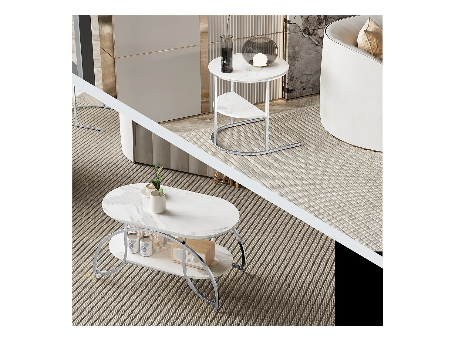 Lot de 2 Tables Basses Gigognes,Table Basse Effet Marbre,Conception Minimaliste de Support en Métal Géométrique,Facile à Assembler, Blanc