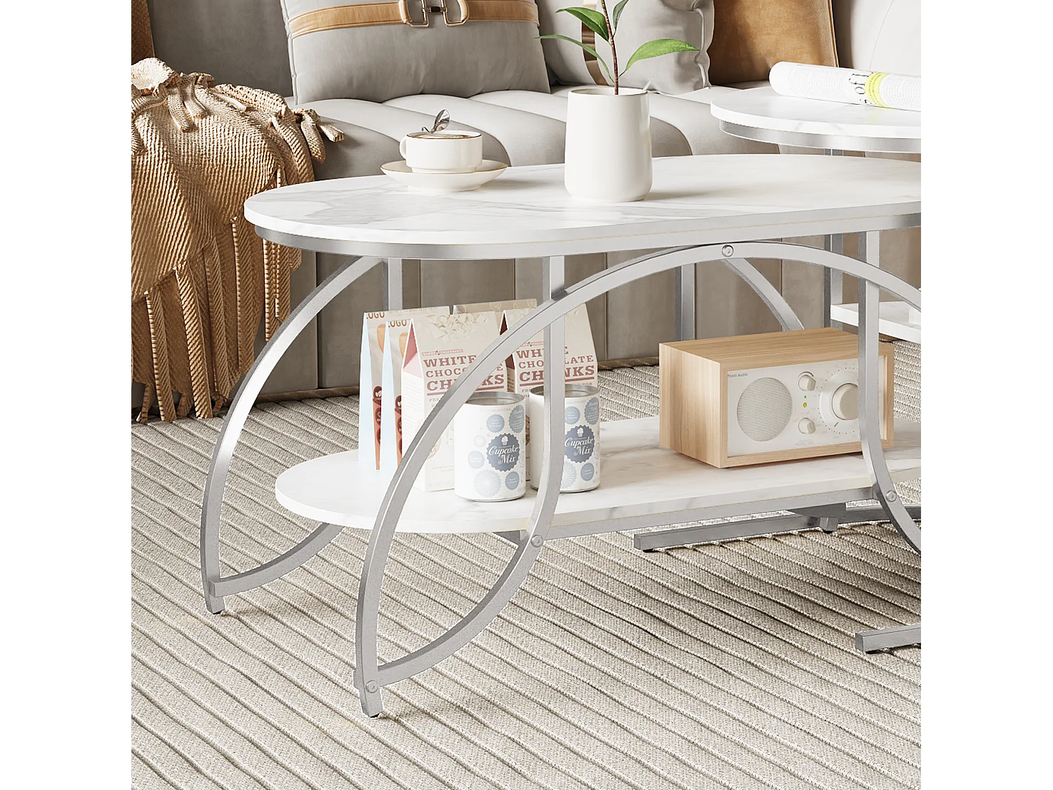 Lot de 2 Tables Basses Gigognes - Effet Marbre - Conception Minimaliste de Support en Métal Géométrique - Facile à Assembler - Blanc