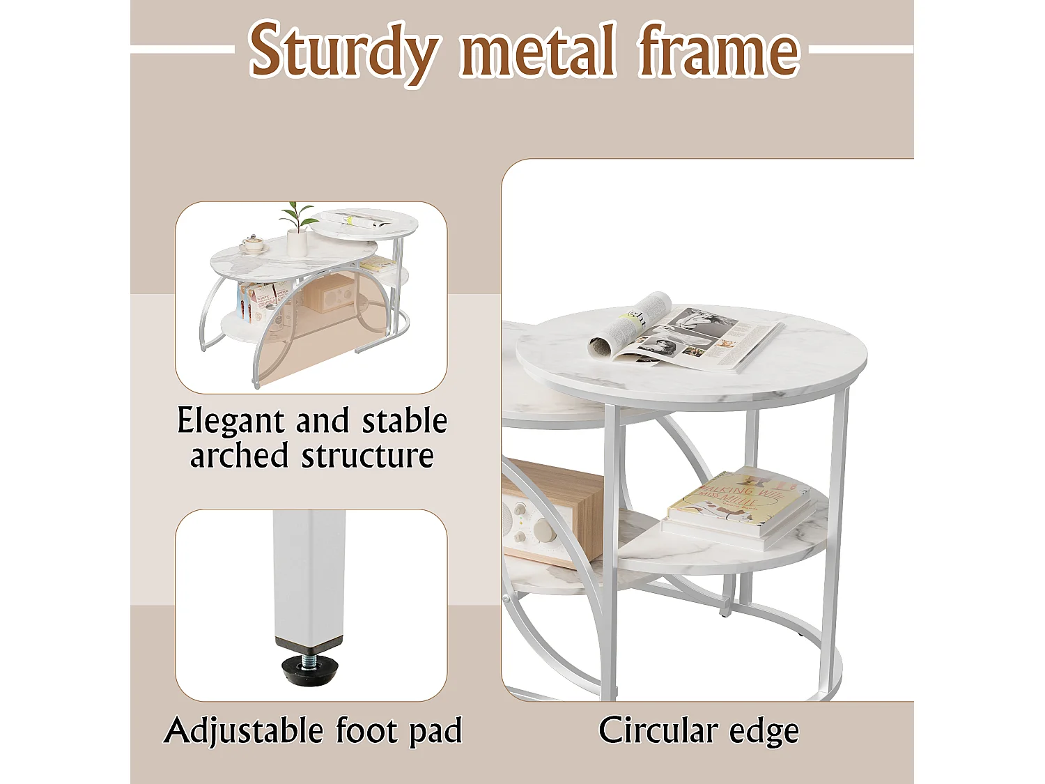 Lot de 2 Tables Basses Gigognes - Effet Marbre - Conception Minimaliste de Support en Métal Géométrique - Facile à Assembler - Blanc