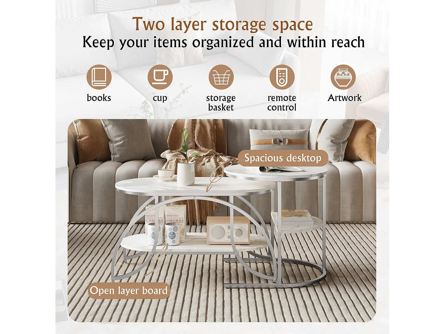 Mesas de centro anidadas, juego de 2 - Efecto mármol - Diseño minimalista geométrico con estructura metálica - Fáciles de montar - Color blanco