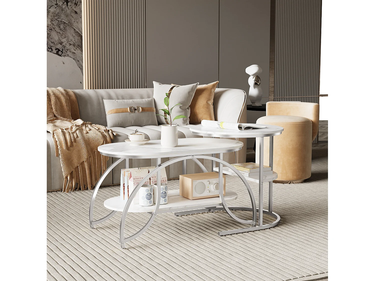 Lot de 2 Tables Basses Gigognes - Effet Marbre - Conception Minimaliste de Support en Métal Géométrique - Facile à Assembler - Blanc