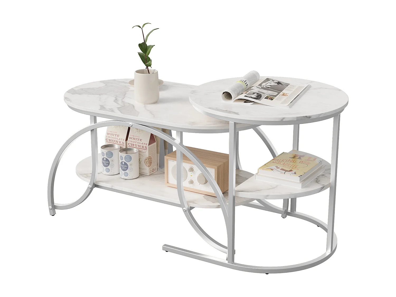 Lot de 2 Tables Basses Gigognes - Effet Marbre - Conception Minimaliste de Support en Métal Géométrique - Facile à Assembler - Blanc