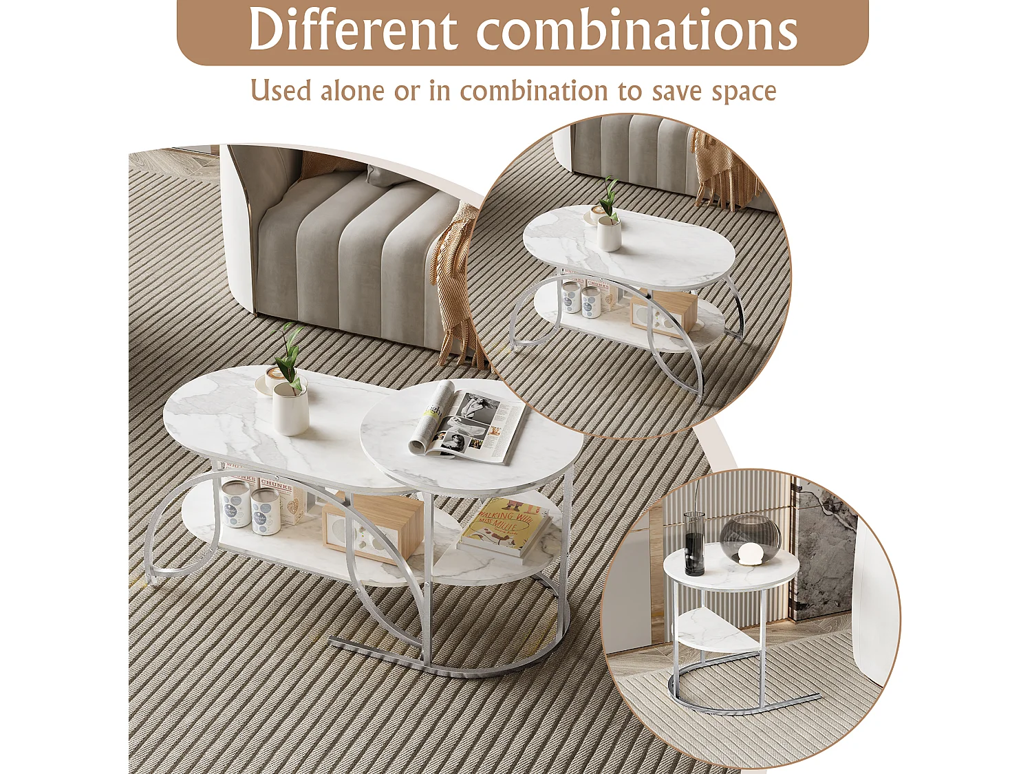 Lot de 2 Tables Basses Gigognes - Effet Marbre - Conception Minimaliste de Support en Métal Géométrique - Facile à Assembler - Blanc
