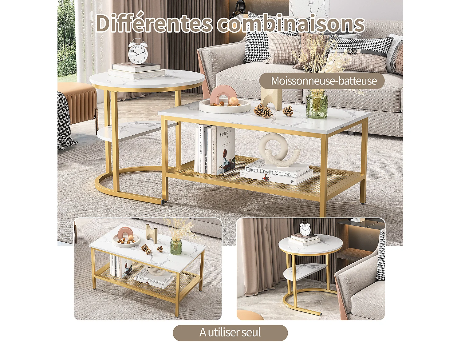 Lot de 2 Tables Basses Gigognes - Modernes - Cadre en Métal Doré et Placage Marbre - Rectangulaire - Table d'Appoint Ronde - pour Canapé et Chambre