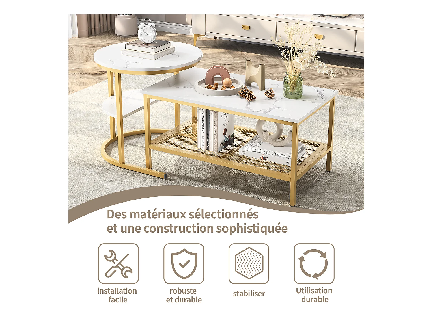 2 tables basses modernes, avec Cadre en Métal et Placage en Marbre, Cadre or + Plateau de table blanc