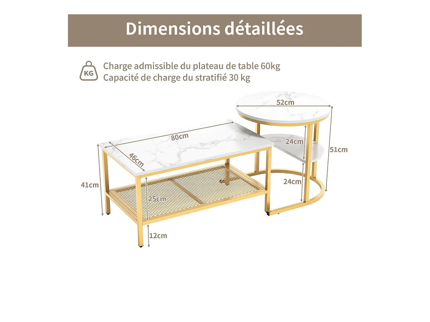 2 tables basses modernes, avec Cadre en Métal et Placage en Marbre, Cadre or + Plateau de table blanc