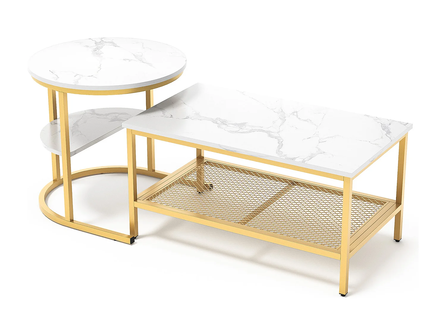 2 tables basses modernes, avec Cadre en Métal et Placage en Marbre, Cadre or + Plateau de table blanc