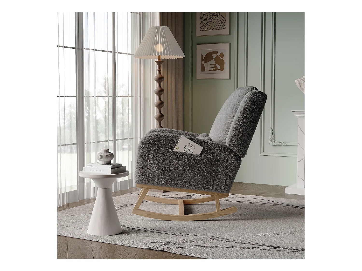 Fauteuil à Bascule, Rocking Chair, Chaise à bascule moderne en tissu teddy avec siège rembourré de mousse et cadre en bois
