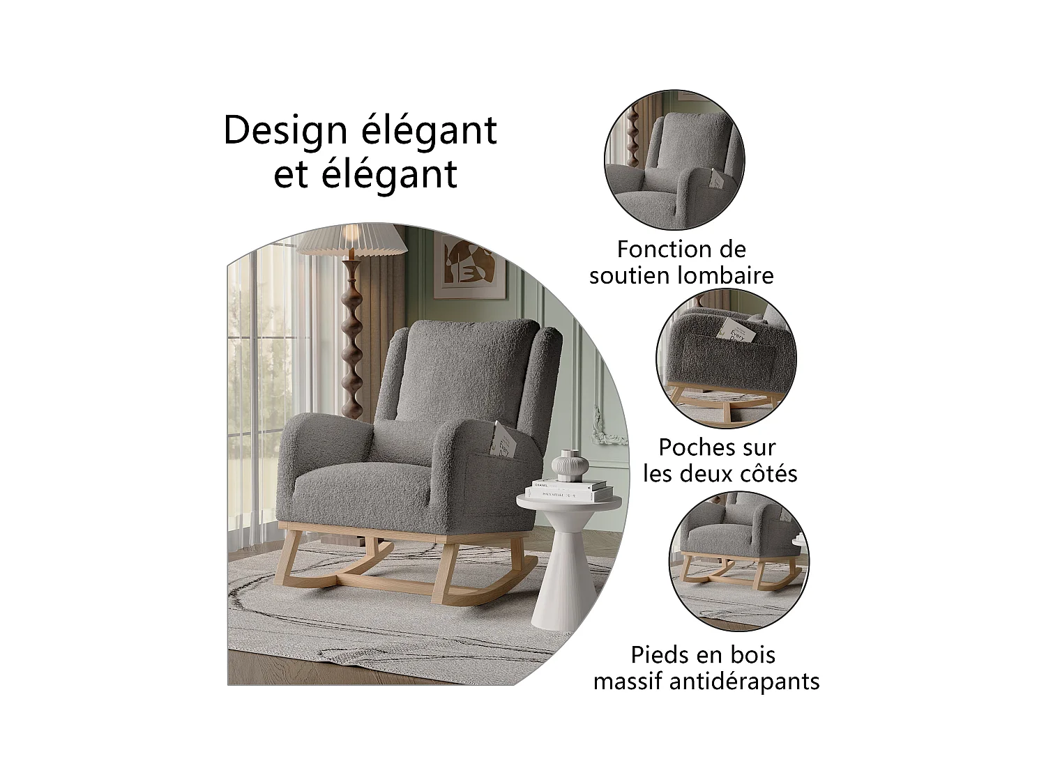 Fauteuil à Bascule, Rocking Chair, Chaise à bascule moderne en tissu teddy avec siège rembourré de mousse et cadre en bois