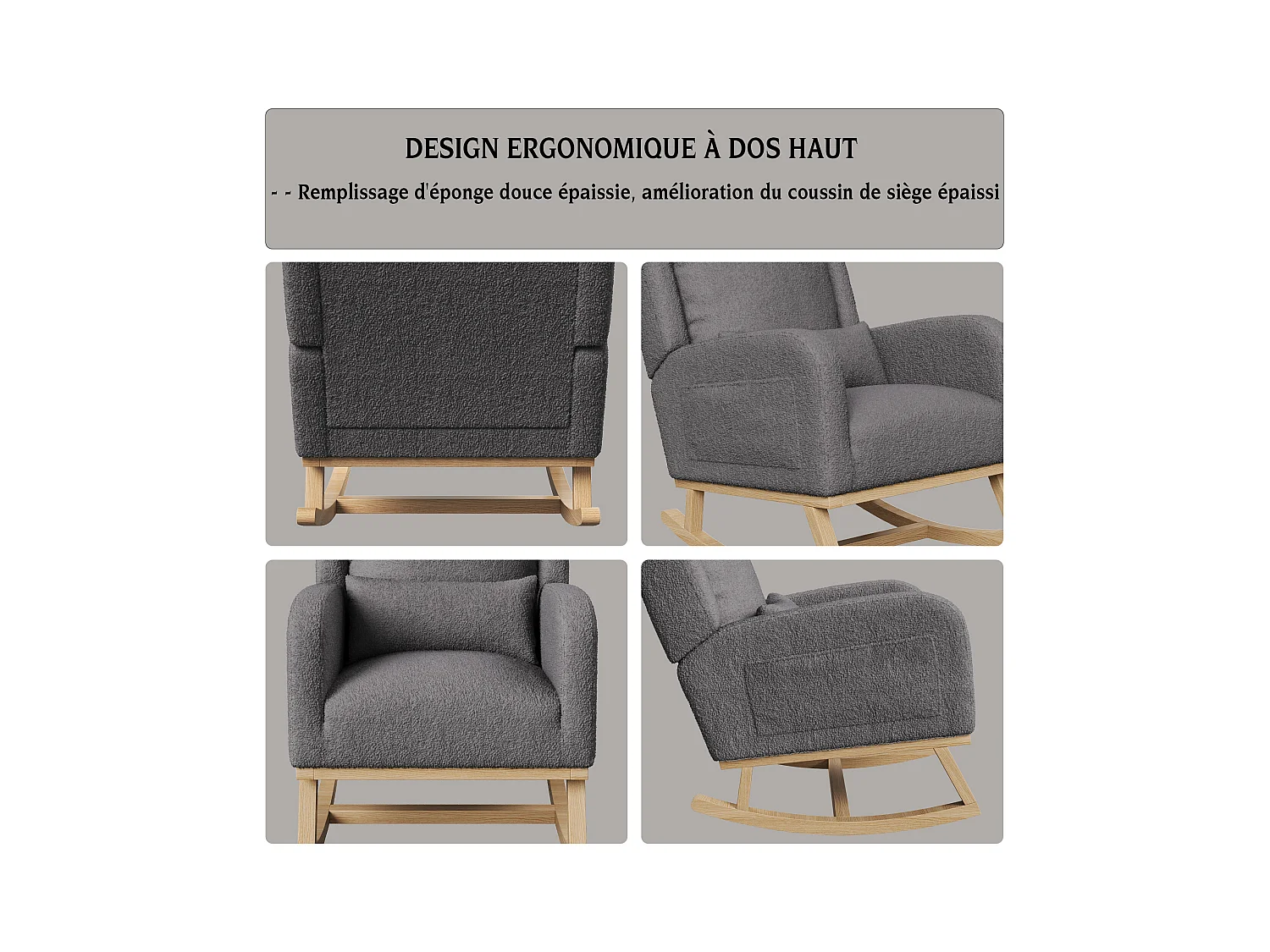 Fauteuil à Bascule, Rocking Chair, Chaise à bascule moderne en tissu teddy avec siège rembourré de mousse et cadre en bois