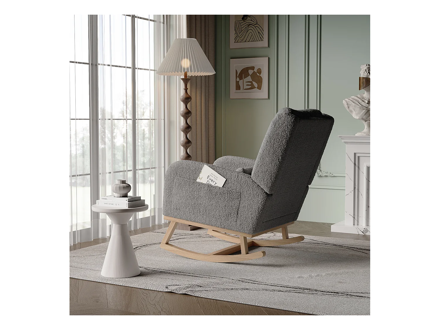 Fauteuil à Bascule, Rocking Chair, Chaise à bascule moderne en tissu teddy avec siège rembourré de mousse et cadre en bois