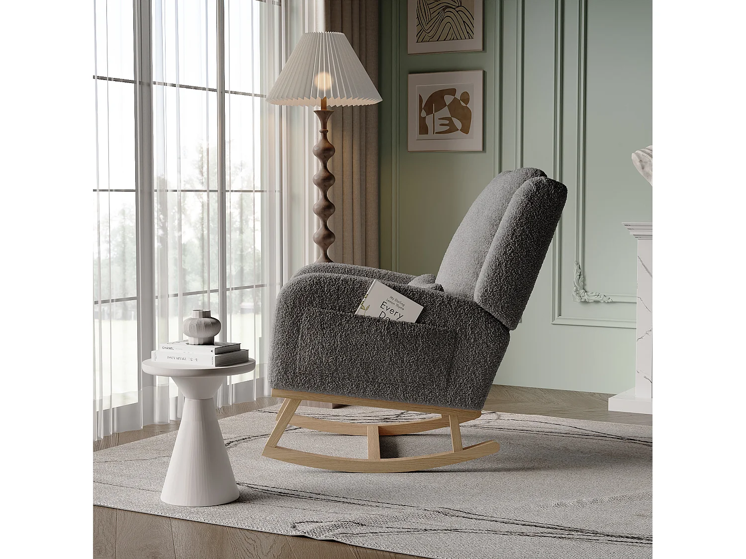 Fauteuil à Bascule, Rocking Chair, Chaise à bascule moderne en tissu teddy avec siège rembourré de mousse et cadre en bois