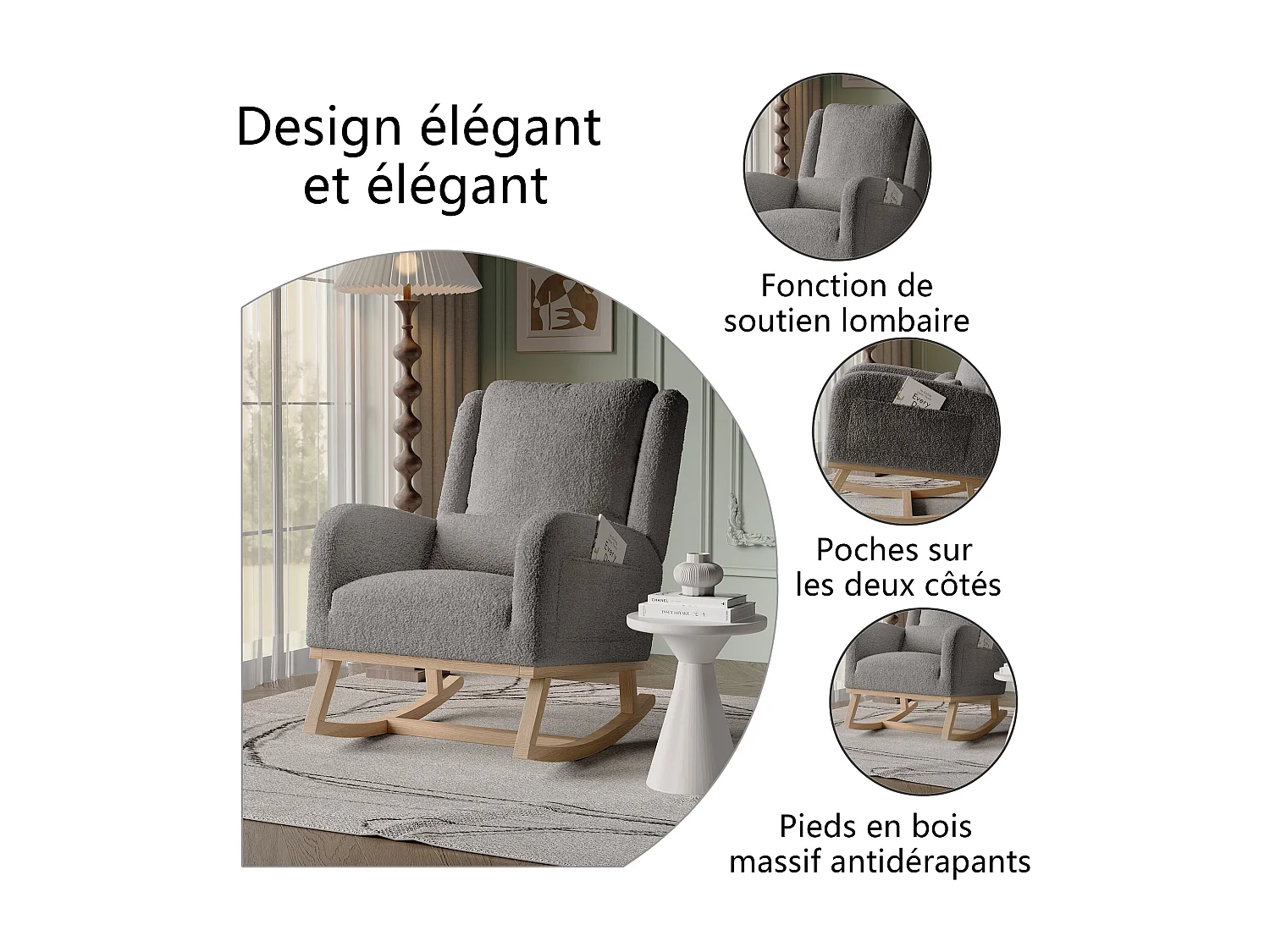 Fauteuil à Bascule, Rocking Chair, Chaise à bascule moderne en tissu teddy avec siège rembourré de mousse et cadre en bois