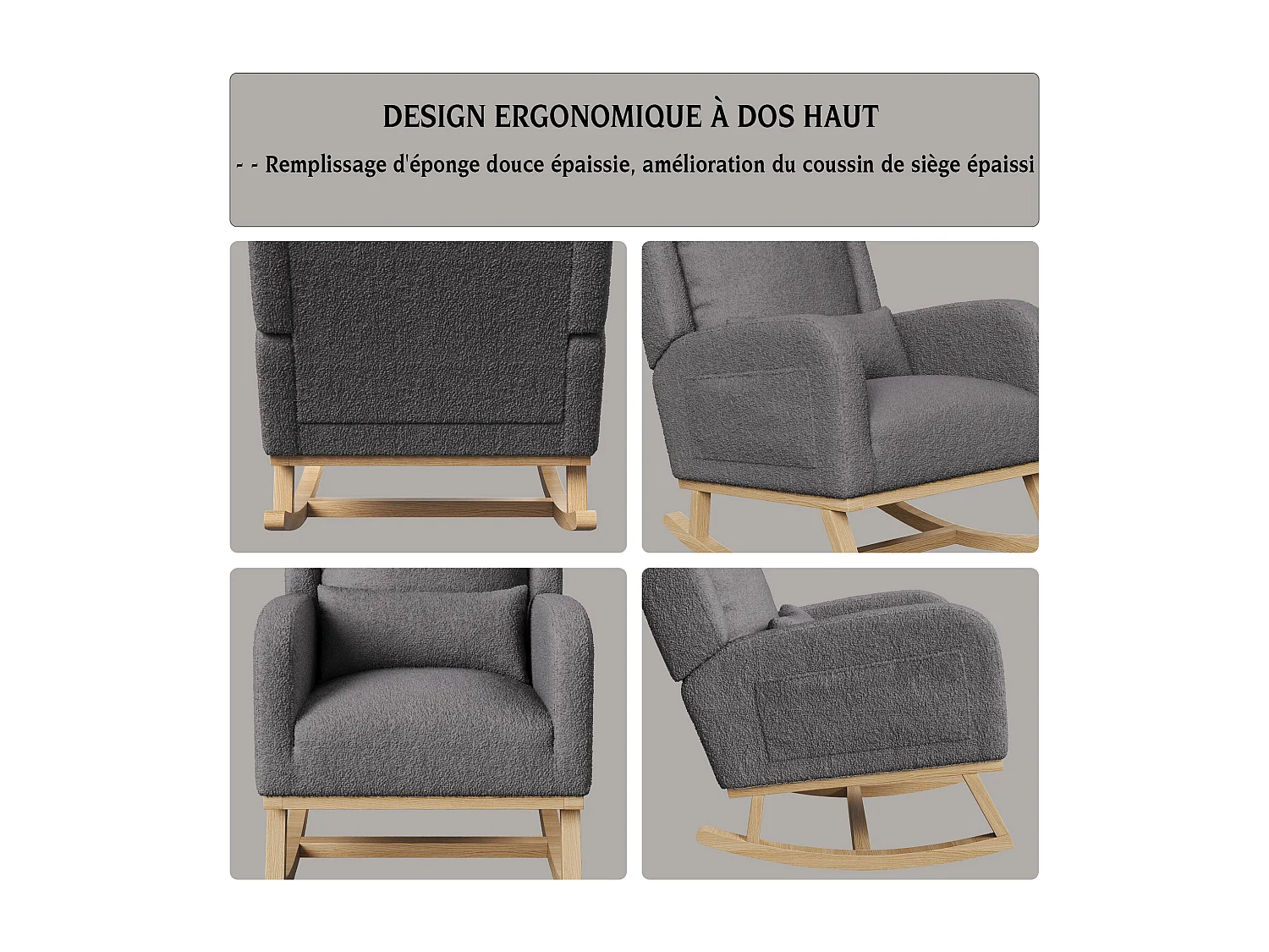 Fauteuil à Bascule, Rocking Chair, Chaise à bascule moderne en tissu teddy avec siège rembourré de mousse et cadre en bois