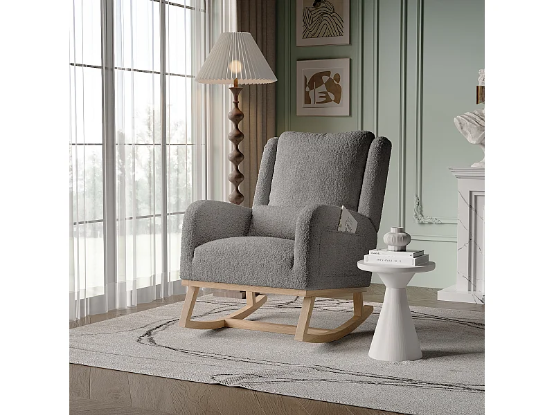 Fauteuil à Bascule, Rocking Chair, Chaise à bascule moderne en tissu teddy avec siège rembourré de mousse et cadre en bois