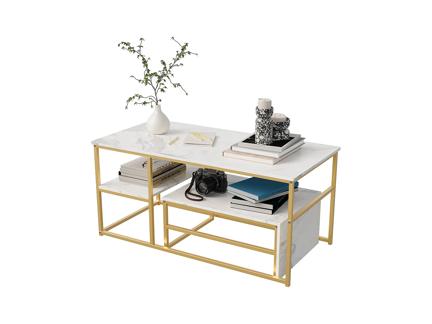 Table Basse Rectangulaire,Lot de 2 Tables Basses Gigognes,Table Basse Effet Marbre,Facile à Assembler,Utilisation Multifonctionnelle, Doré + Blanc