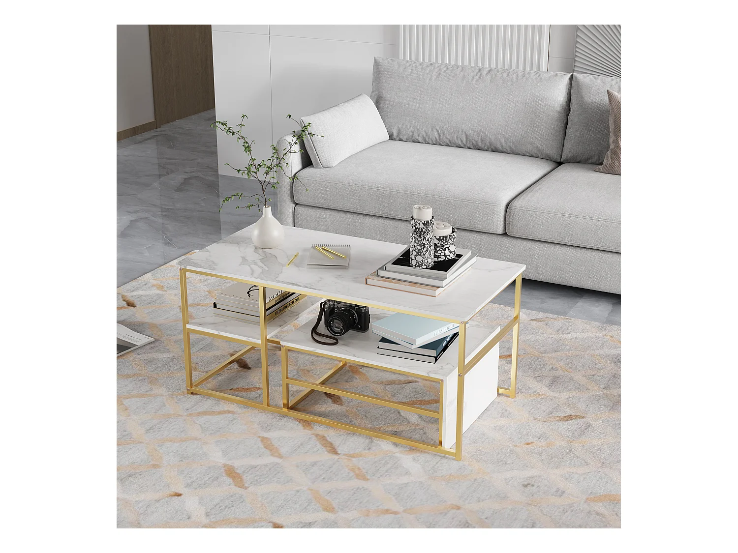 Table Basse Rectangulaire,Lot de 2 Tables Basses Gigognes,Table Basse Effet Marbre,Facile à Assembler,Utilisation Multifonctionnelle, Doré + Blanc