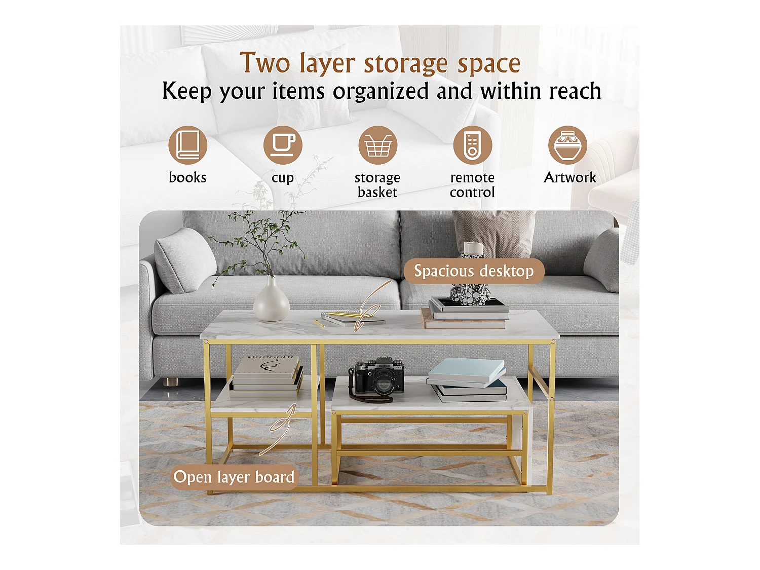 Table Basse Rectangulaire,Lot de 2 Tables Basses Gigognes,Table Basse Effet Marbre,Facile à Assembler,Utilisation Multifonctionnelle, Doré + Blanc