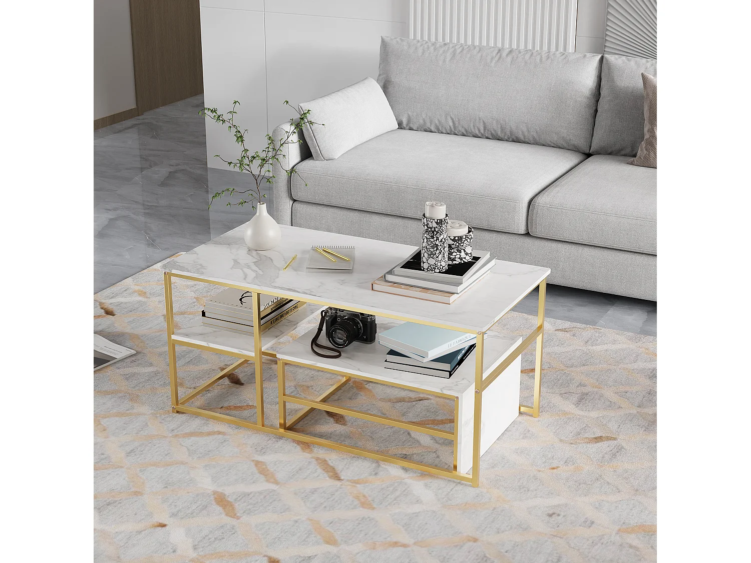 Table Basse - Lot de 2 Tables Basses Gigognes - Rectangulaire - Effet Marbre - Facile à Assembler - Utilisation Multifonctionnelle - Doré + Blanc