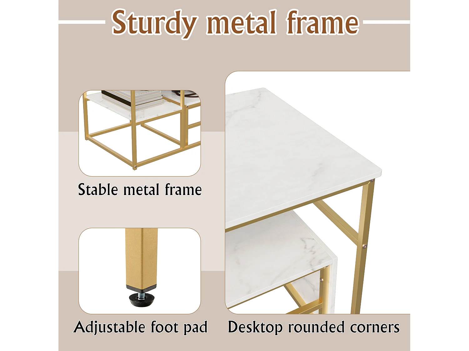 Table Basse - Lot de 2 Tables Basses Gigognes - Rectangulaire - Effet Marbre - Facile à Assembler - Utilisation Multifonctionnelle - Doré + Blanc