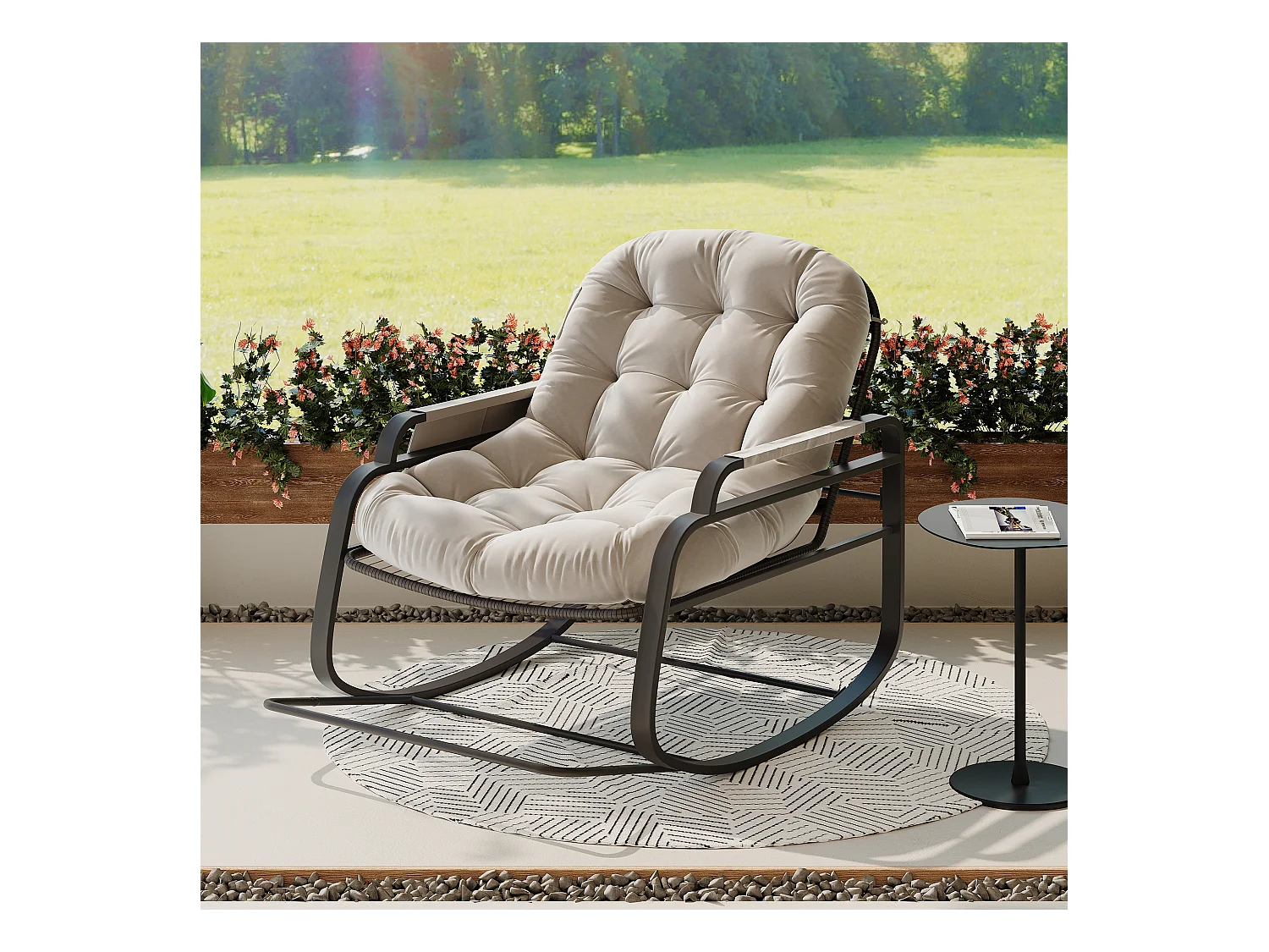 Fauteuil à bascule en rotin, Rembourrée Rocking Chair, Confortable Grande Chaise bascules, pour Chambre à Coucher, Salon, Beige