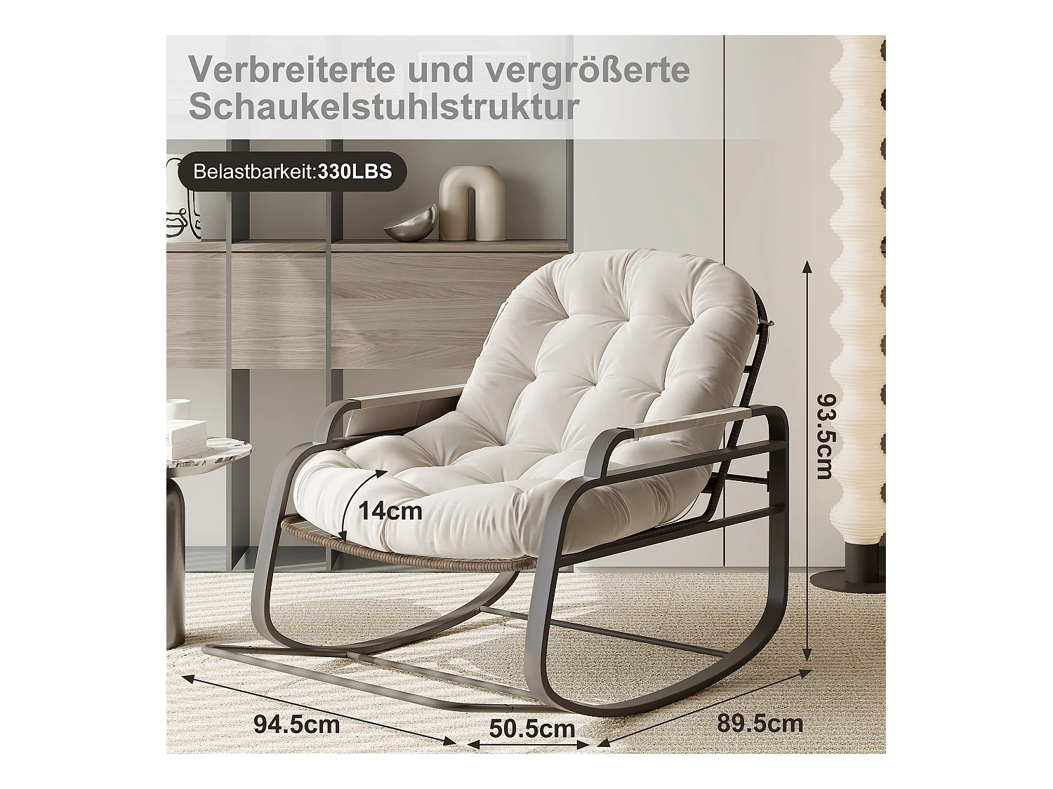 Fauteuil à bascule en rotin, Rembourrée Rocking Chair, Confortable Grande Chaise bascules, pour Chambre à Coucher, Salon, Beige