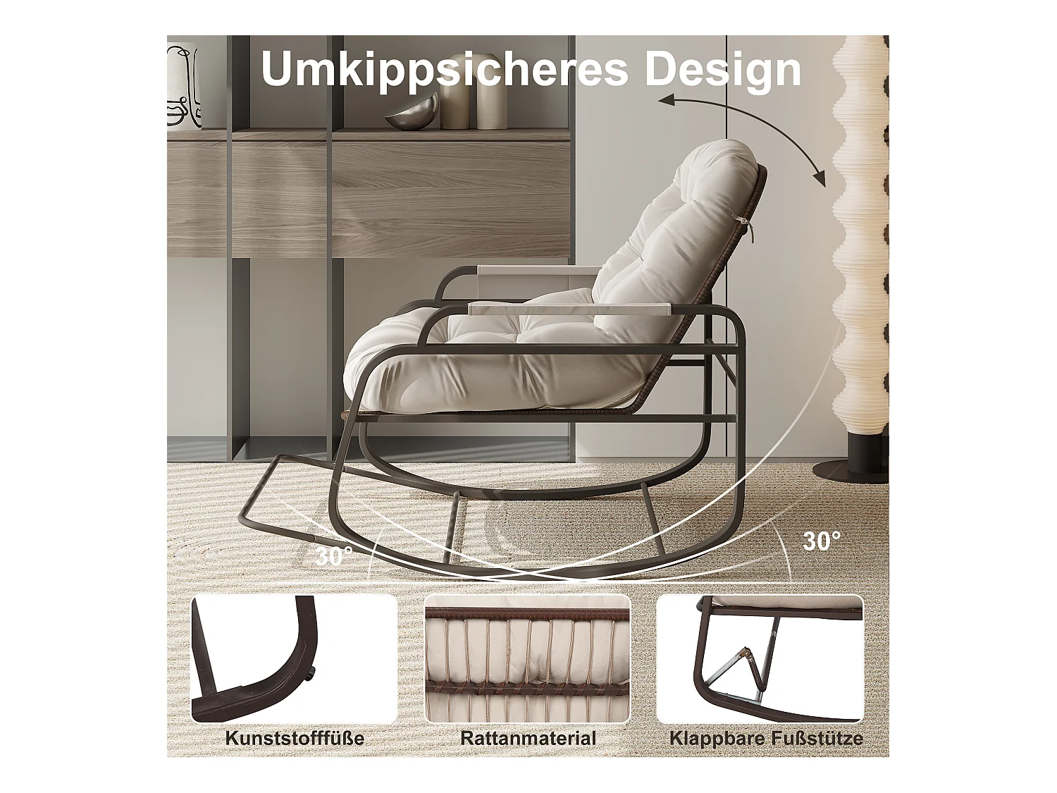 Fauteuil à bascule en rotin, Rembourrée Rocking Chair, Confortable Grande Chaise bascules, pour Chambre à Coucher, Salon, Beige