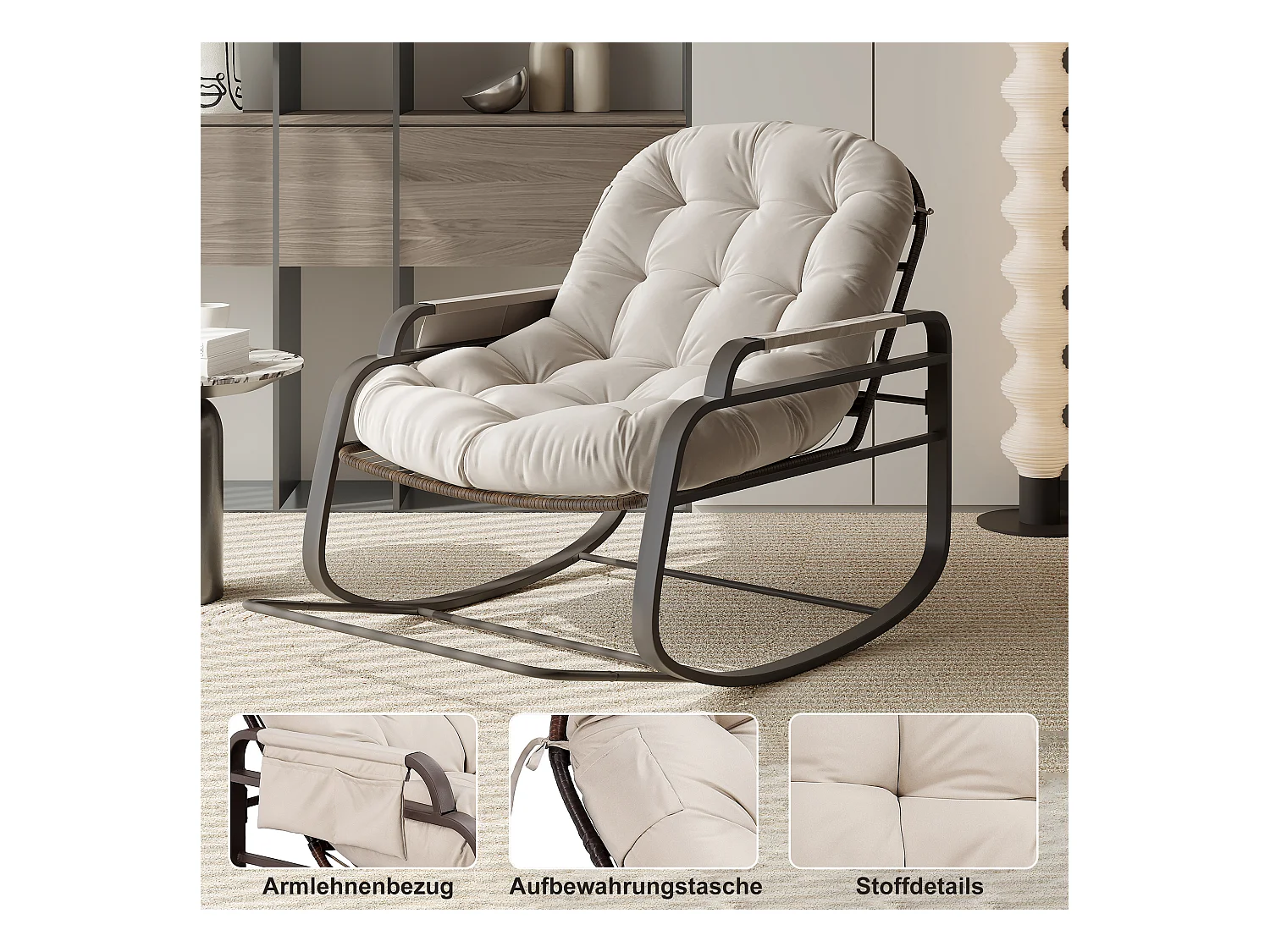 Fauteuil à bascule en rotin, Rembourrée Rocking Chair, Confortable Grande Chaise bascules, pour Chambre à Coucher, Salon, Beige