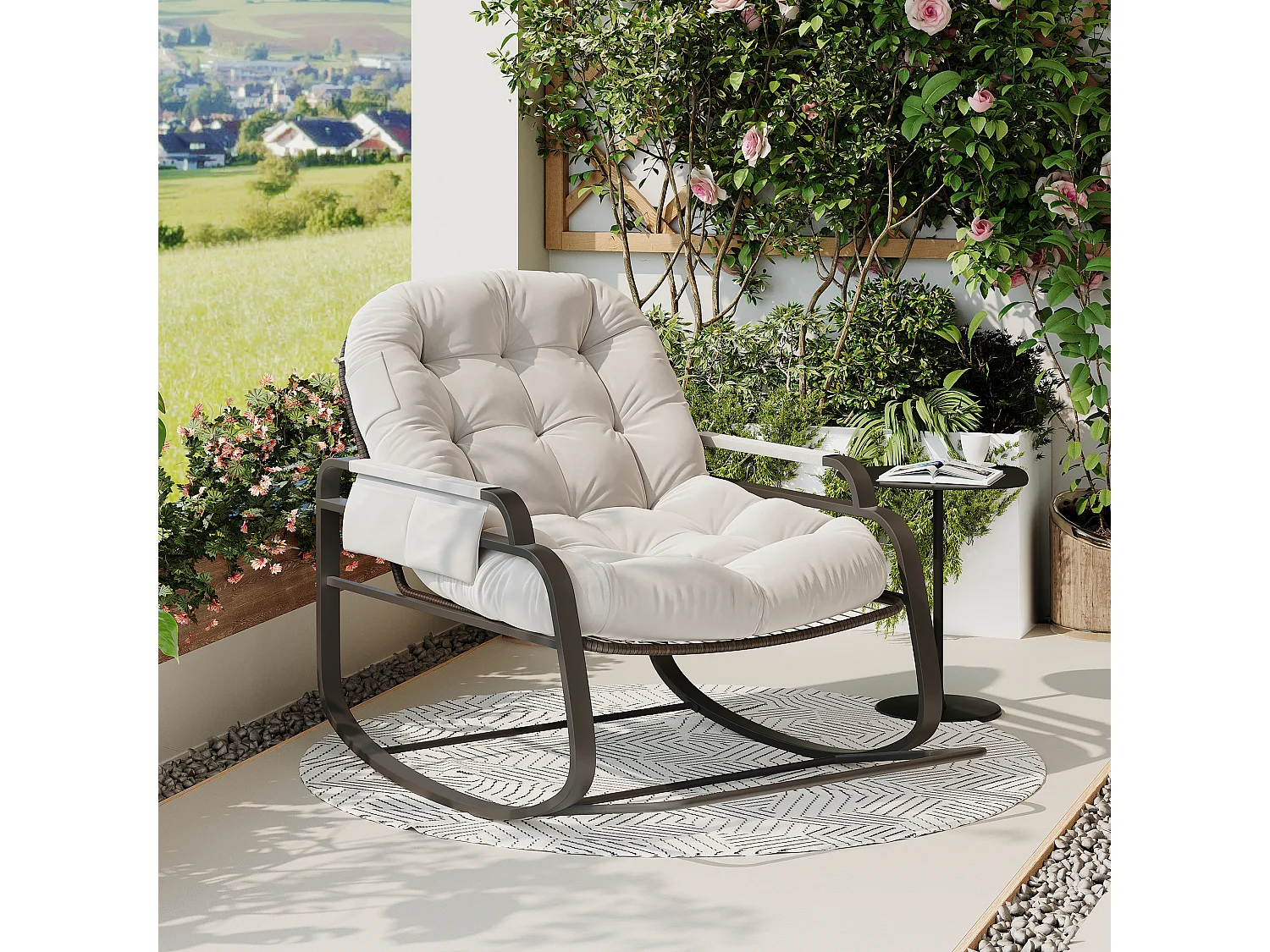 Fauteuil à bascule en rotin, Rembourrée Rocking Chair, Confortable Grande Chaise bascules, pour Chambre à Coucher, Salon, Beige