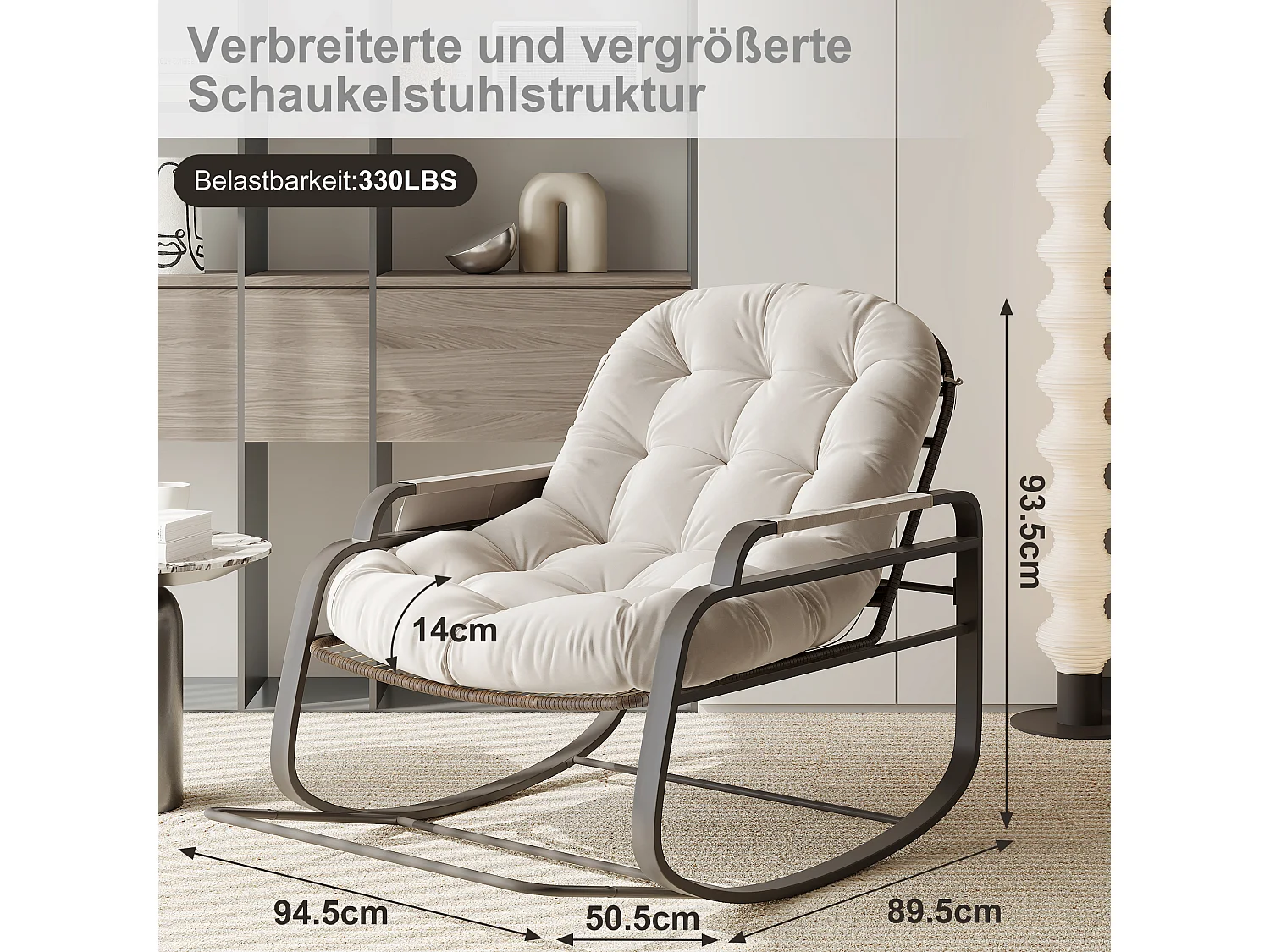 Fauteuil à bascule en rotin, Rembourrée Rocking Chair, Confortable Grande Chaise bascules, pour Chambre à Coucher, Salon, Beige