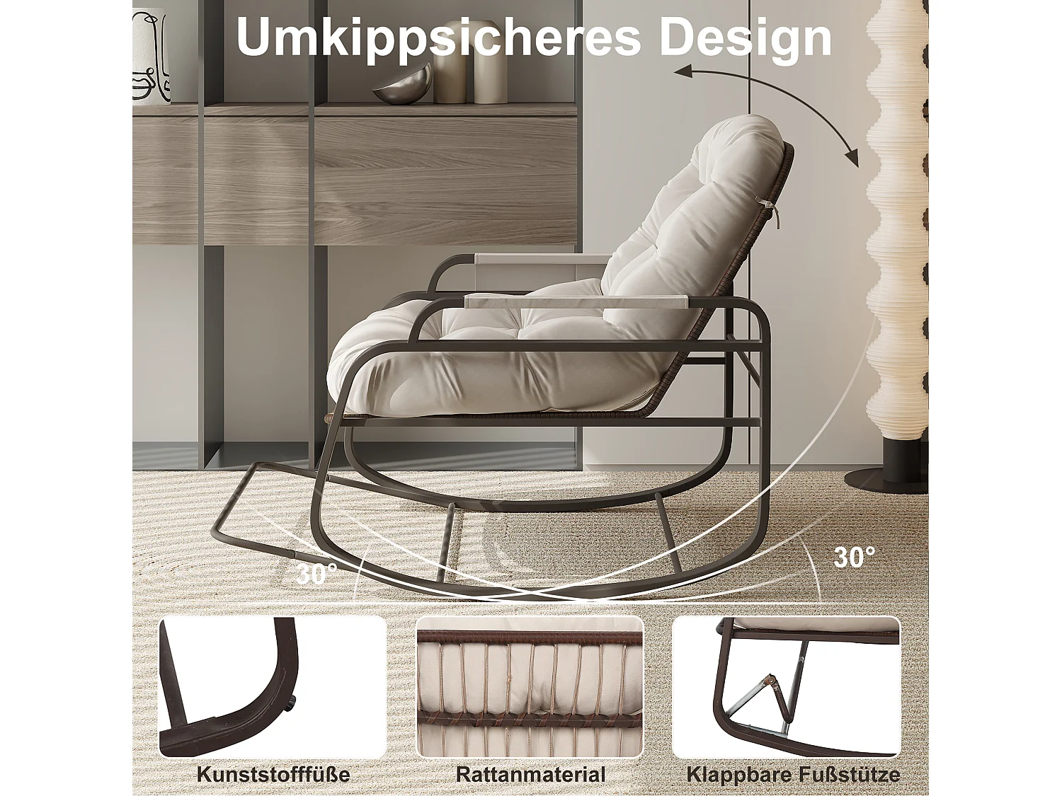 Fauteuil à bascule en rotin, Rembourrée Rocking Chair, Confortable Grande Chaise bascules, pour Chambre à Coucher, Salon, Beige