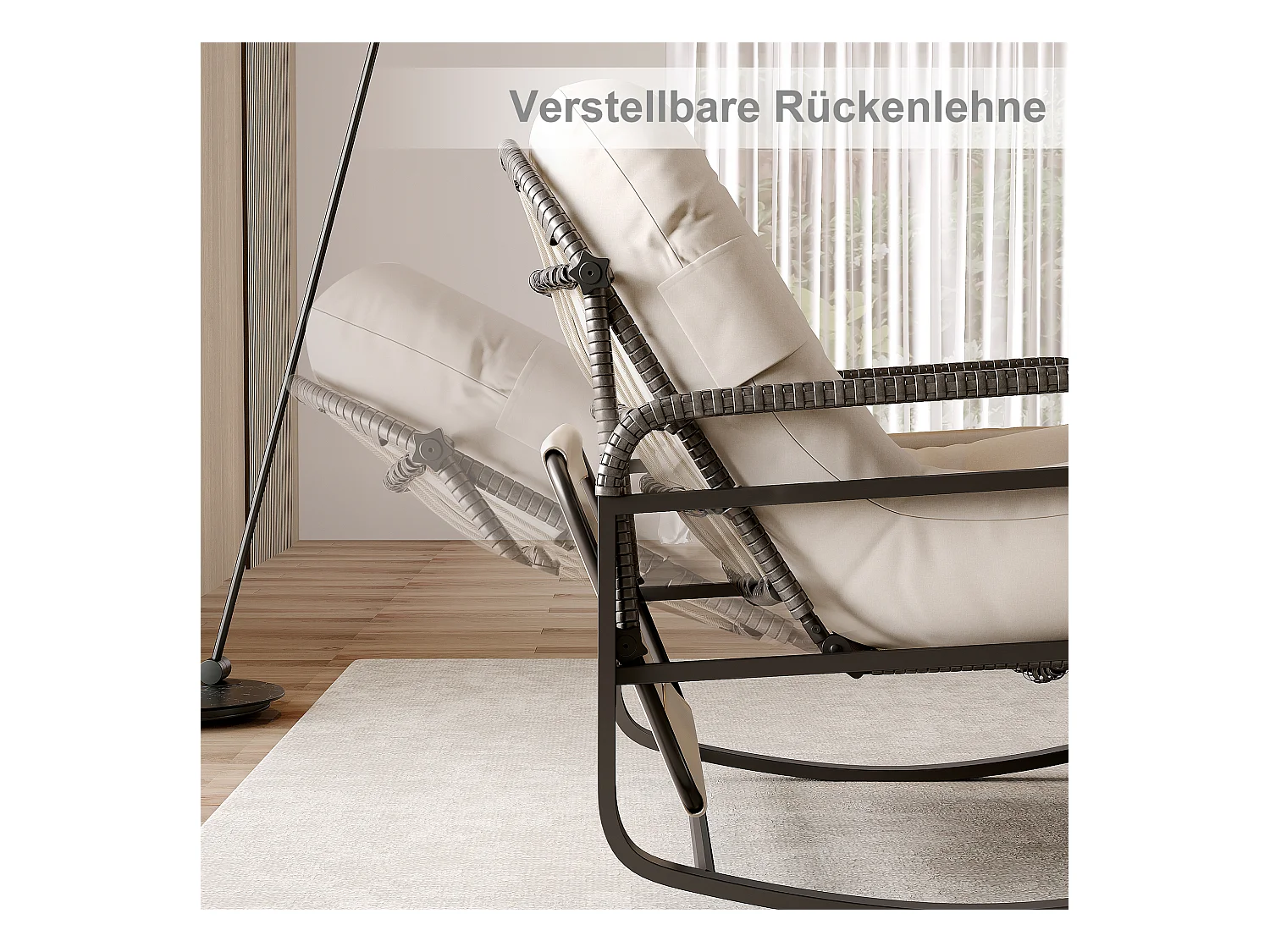 Fauteuil à bascule, Chaise relax avec dossier réglable et repose-pieds pliable, fauteuil en rotin avec toit pare-soleil