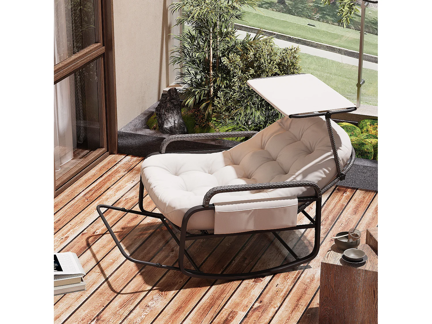 Fauteuil à bascule, Chaise relax avec dossier réglable et repose-pieds pliable, fauteuil en rotin avec toit pare-soleil