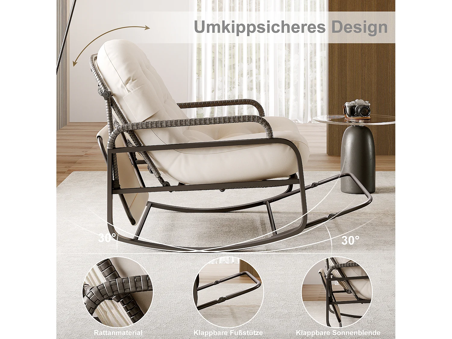 Fauteuil à bascule, Chaise relax avec dossier réglable et repose-pieds pliable, fauteuil en rotin avec toit pare-soleil