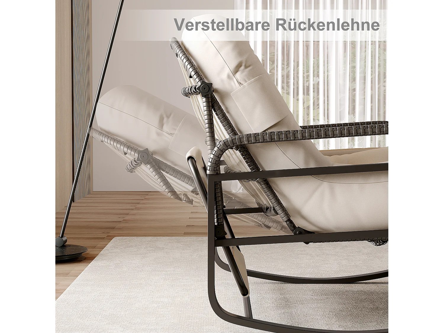 Fauteuil à bascule, Chaise relax avec dossier réglable et repose-pieds pliable, fauteuil en rotin avec toit pare-soleil