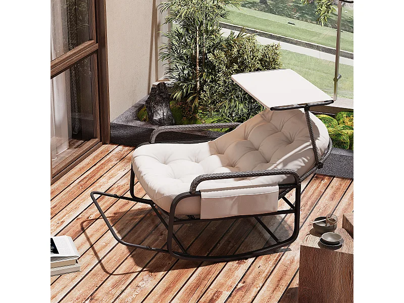 Fauteuil à bascule, Chaise relax avec dossier réglable et repose-pieds pliable, fauteuil en rotin avec toit pare-soleil