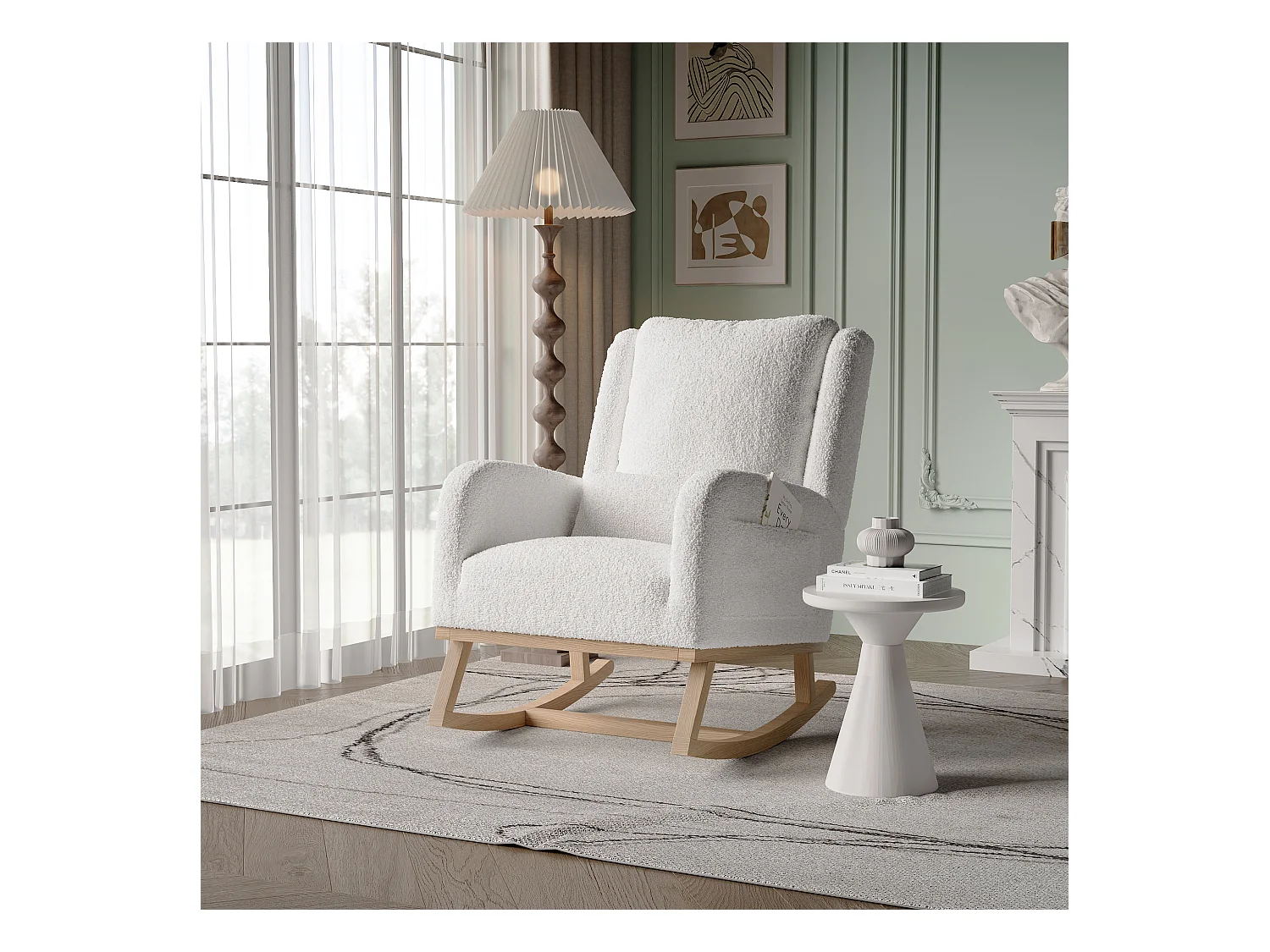 Fauteuil à Bascule, Rocking Chair, Chaise à bascule moderne en tissu teddy avec siège rembourré de mousse et cadre en bois