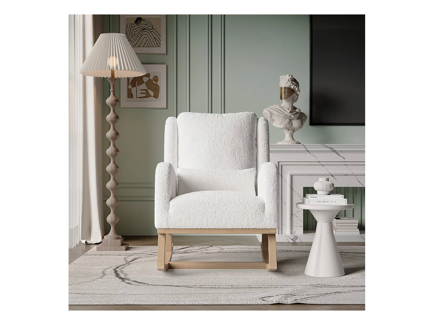 Fauteuil à Bascule, Rocking Chair, Chaise à bascule moderne en tissu teddy avec siège rembourré de mousse et cadre en bois